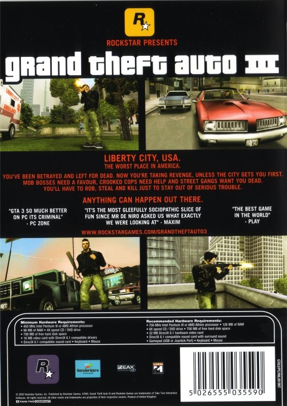 Back Cover for Grand Theft Auto III (Windows) (Release with ELSPA rating)