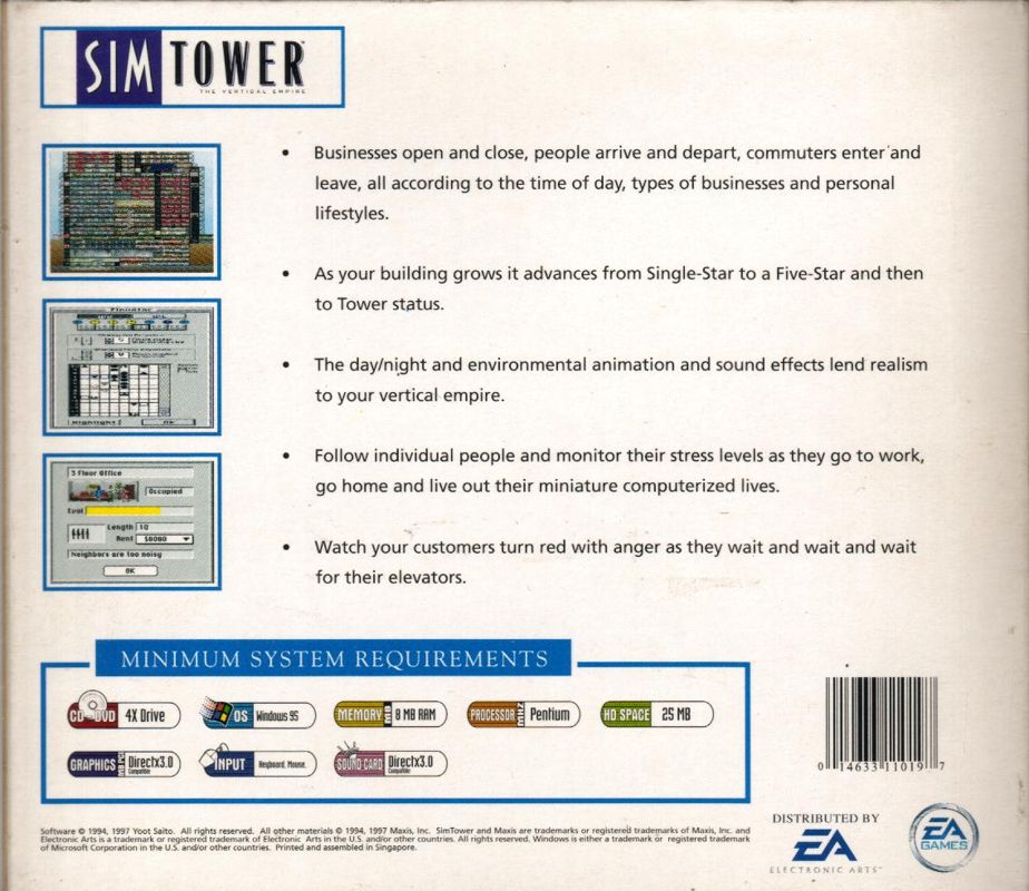 Back Cover for SimTower: The Vertical Empire (Windows 3.x) (EA Classics release)