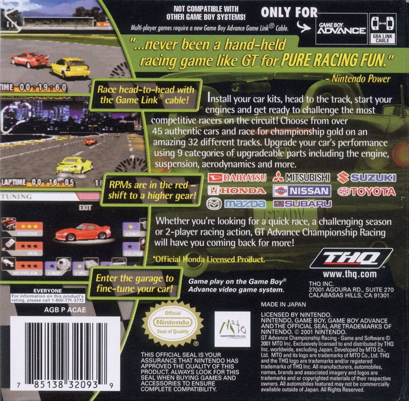 Back Cover for GT Advance Championship Racing (Game Boy Advance)