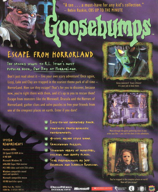 Back Cover for Goosebumps Escape from Horrorland (Windows)