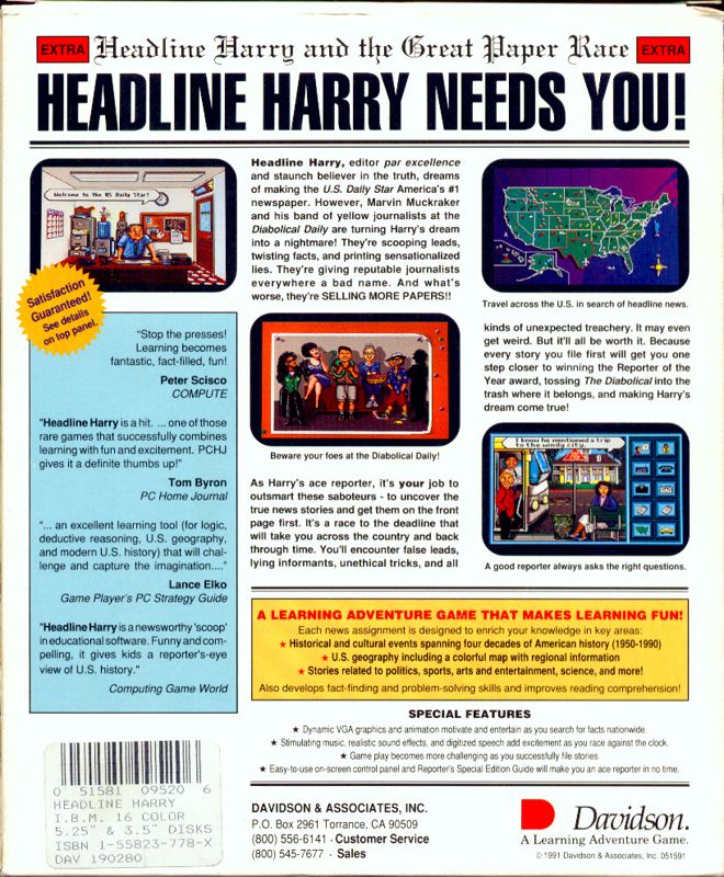 Back Cover for Headline Harry and The Great Paper Race (DOS)