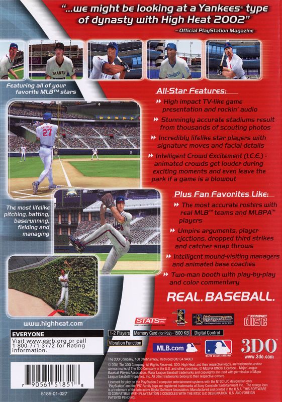 Back Cover for High Heat Major League Baseball 2002 (PlayStation 2)