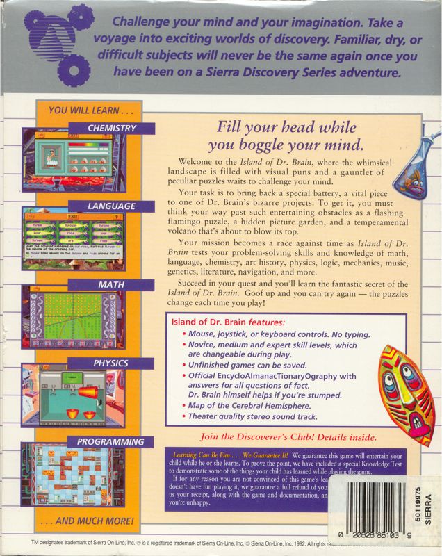 Back Cover for The Island of Dr. Brain (DOS) (Sierra Discovery Series)