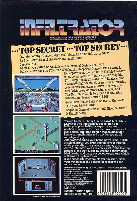 Back Cover for Infiltrator (Commodore 64) (Floppy Disk release)