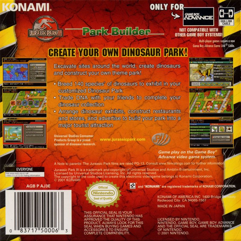Back Cover for Jurassic Park III: Park Builder (Game Boy Advance)
