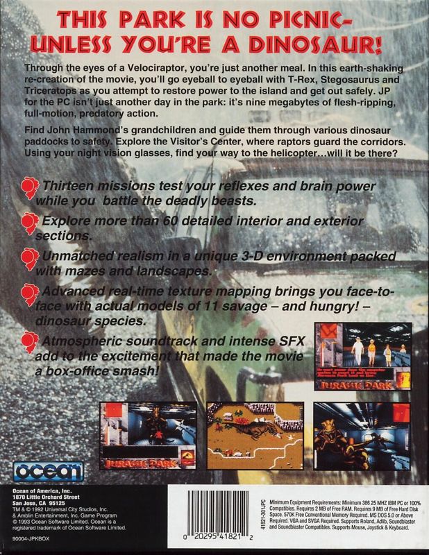 Back Cover for Jurassic Park (DOS) (3.5" Floppy Version)