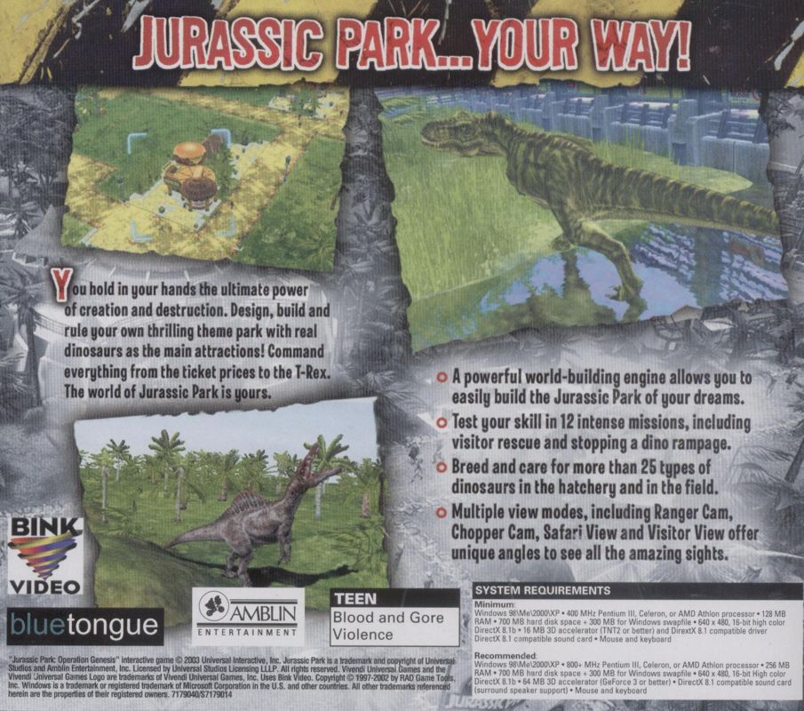 Other for Jurassic Park: Operation Genesis (Windows): Jewel Case - Back