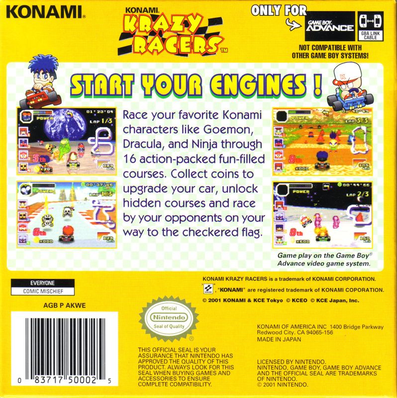 Back Cover for Konami Krazy Racers (Game Boy Advance)