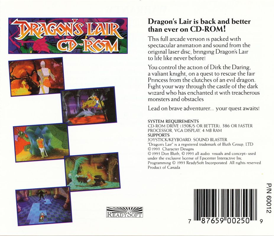 Other for Dragon's Lair (DOS): Jewel Case rear insert