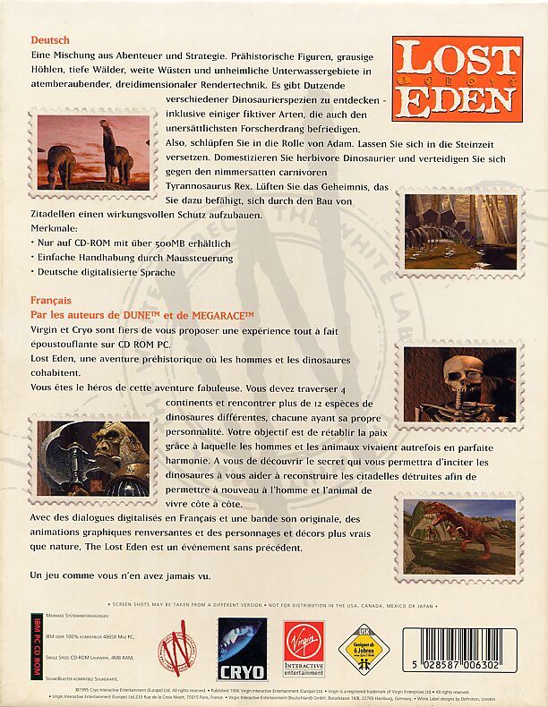 Back Cover for Lost Eden (DOS) (White Label release)