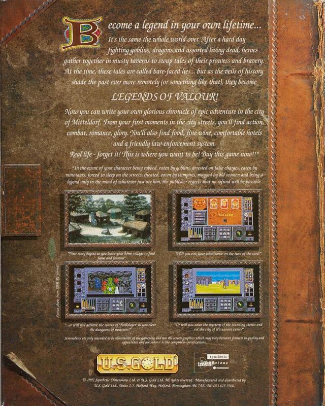Back Cover for Legends of Valour (DOS)