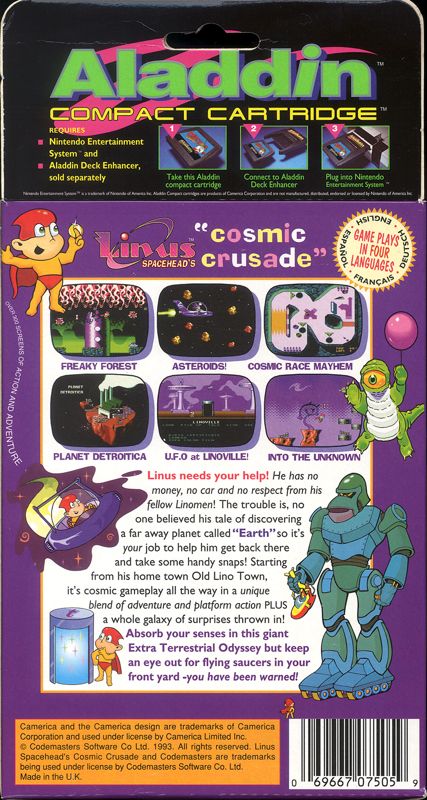 Back Cover for Cosmic Spacehead (NES): Aladdin compact cartridge version