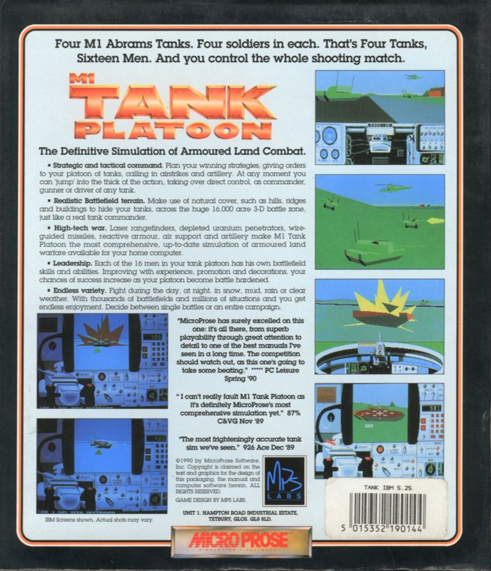 Back Cover for M1 Tank Platoon (DOS) (5.25" Disk release)