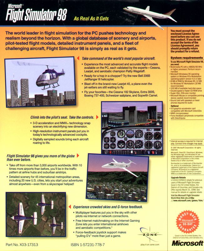 Back Cover for Microsoft Flight Simulator 98 (Windows)