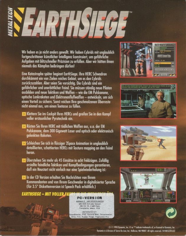 Back Cover for Metaltech: EarthSiege (DOS)