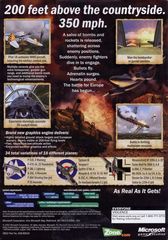 Back Cover for Microsoft Combat Flight Simulator 3: Battle for Europe (Windows)