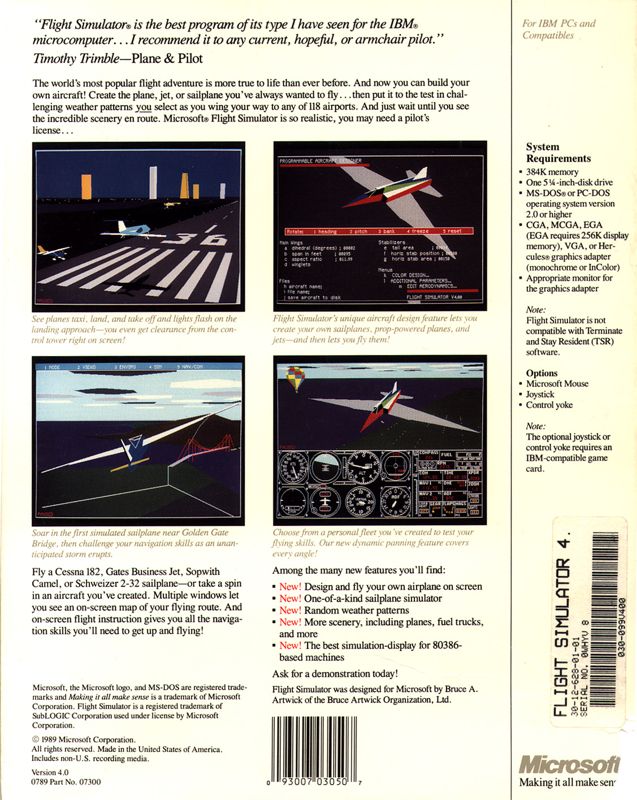 Back Cover for Microsoft Flight Simulator (v4.0) (DOS)