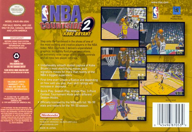 Back Cover for NBA Courtside 2: Featuring Kobe Bryant (Nintendo 64)