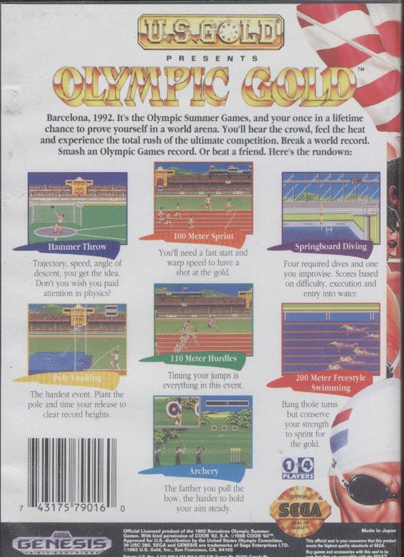 Back Cover for Olympic Gold: Barcelona '92 (Genesis)