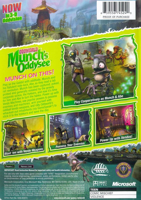 Back Cover for Oddworld: Munch's Oddysee (Xbox)