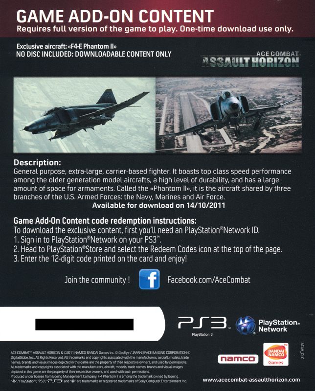 Other for Ace Combat: Assault Horizon (Limited Edition) (PlayStation 3): DLC Card - Back