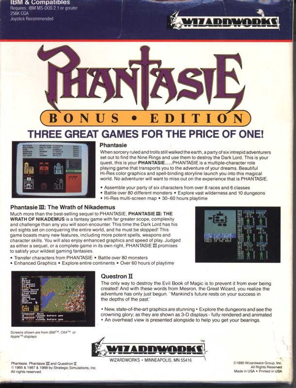 Back Cover for Phantasie: Bonus Edition (DOS) (European)