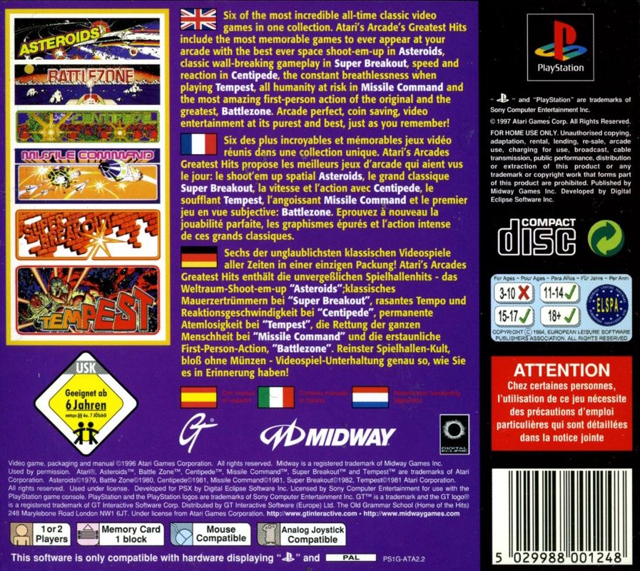 Back Cover for Arcade's Greatest Hits: The Atari Collection 1 (PlayStation)
