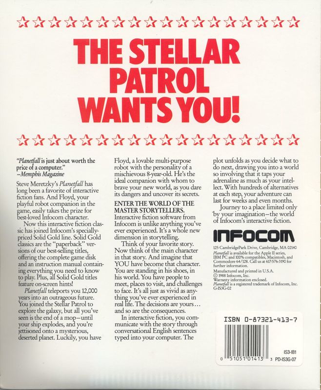 Back Cover for Planetfall (DOS) (Solid Gold release)