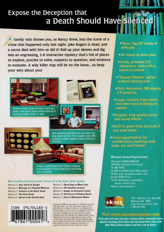 Back Cover for Nancy Drew: Secrets Can Kill (Windows) (Version 1.03 Released by Her Interactive)