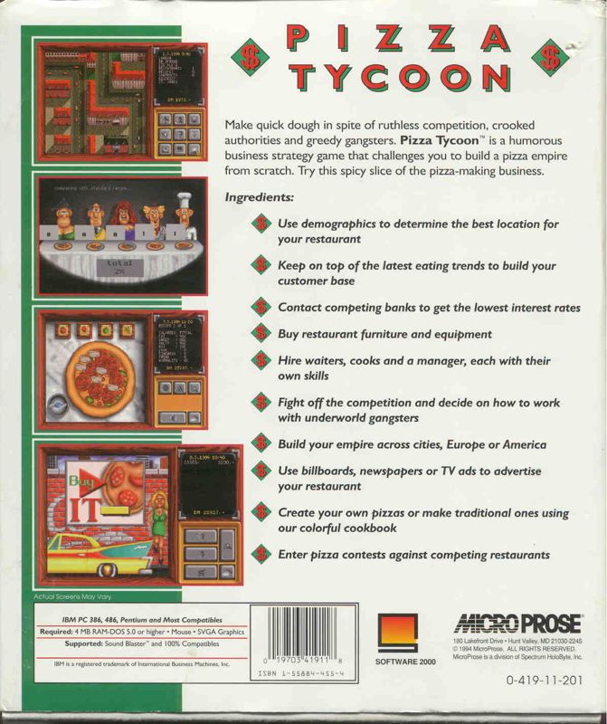 Back Cover for Pizza Tycoon (DOS)
