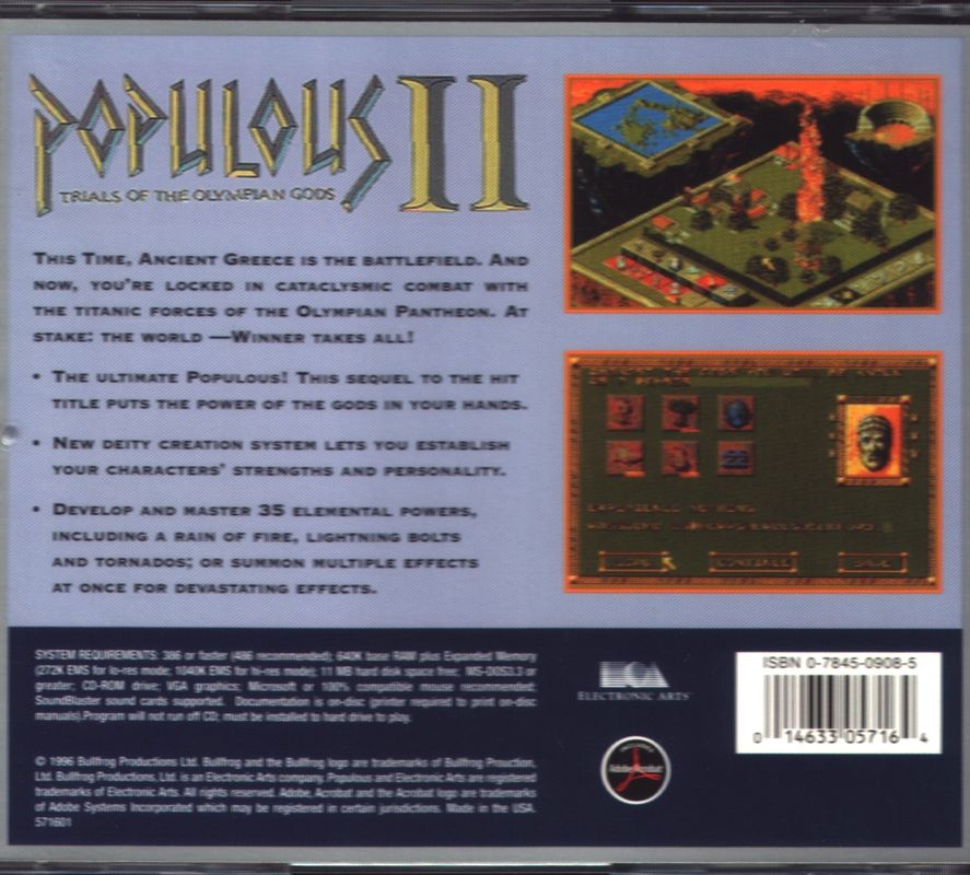 Back Cover for Populous II: Trials of the Olympian Gods (DOS) (Budget release)