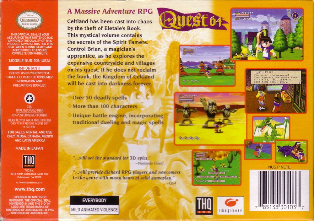 Back Cover for Quest 64 (Nintendo 64)