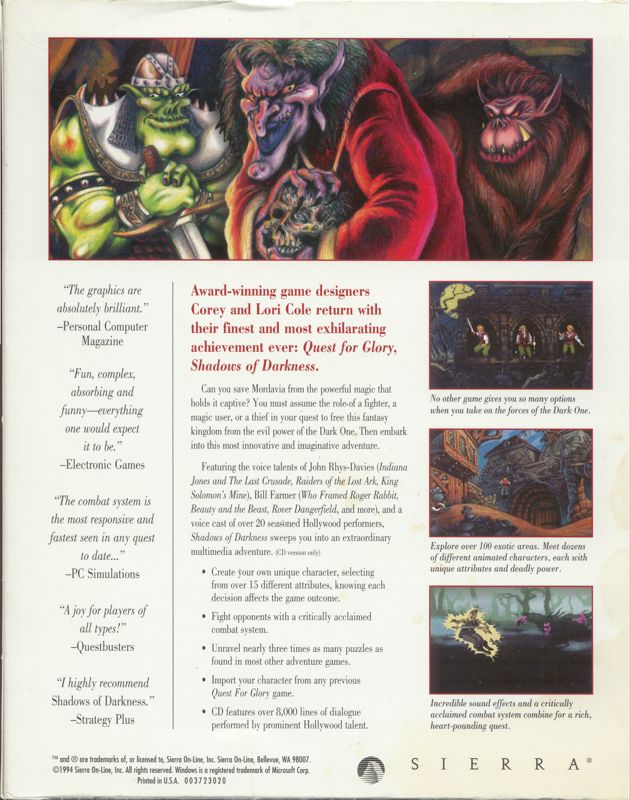Back Cover for Quest for Glory: Shadows of Darkness (DOS and Windows 3.x) (Re-release)