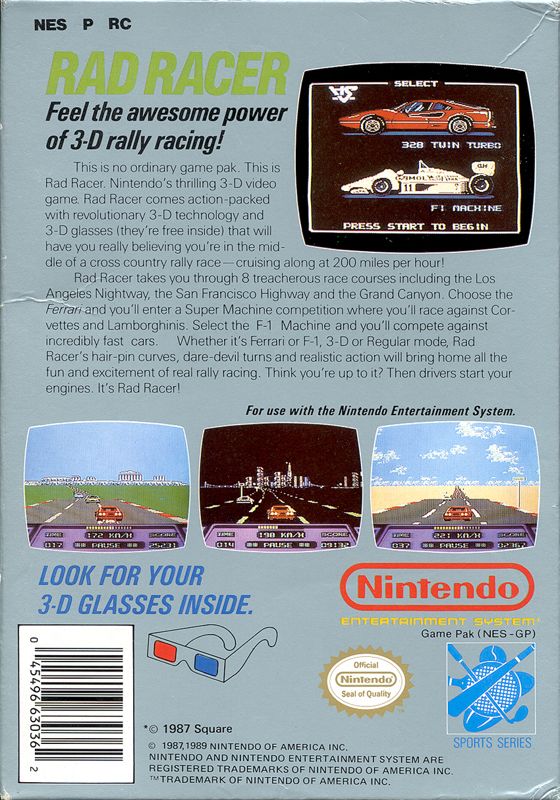 Back Cover for Rad Racer (NES)