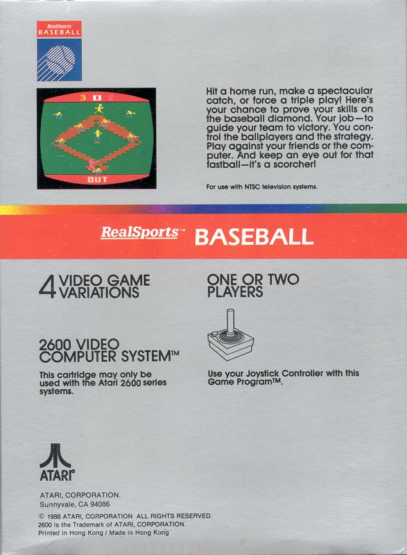 Back Cover for RealSports Baseball (Atari 2600) (1988 release)