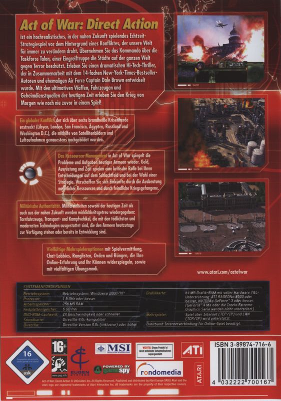 Back Cover for Act of War: Direct Action (Windows) (Best of Atari release)