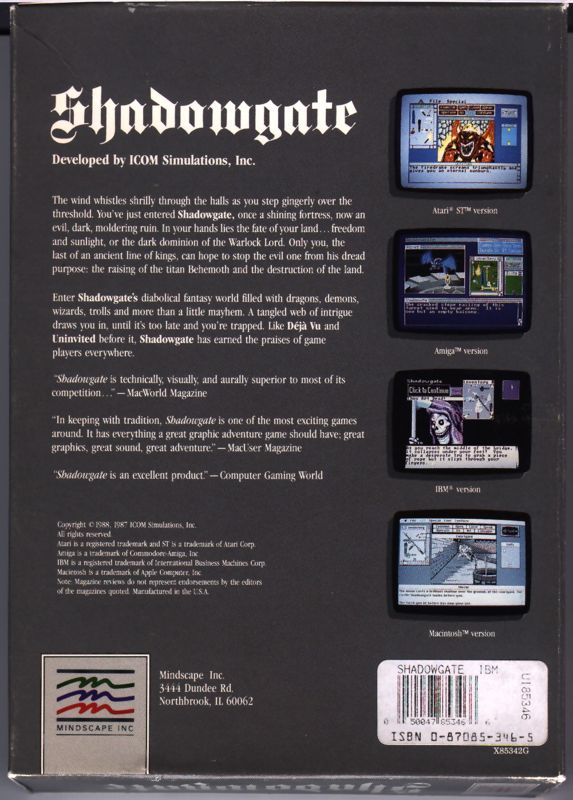 Back Cover for Shadowgate (DOS)