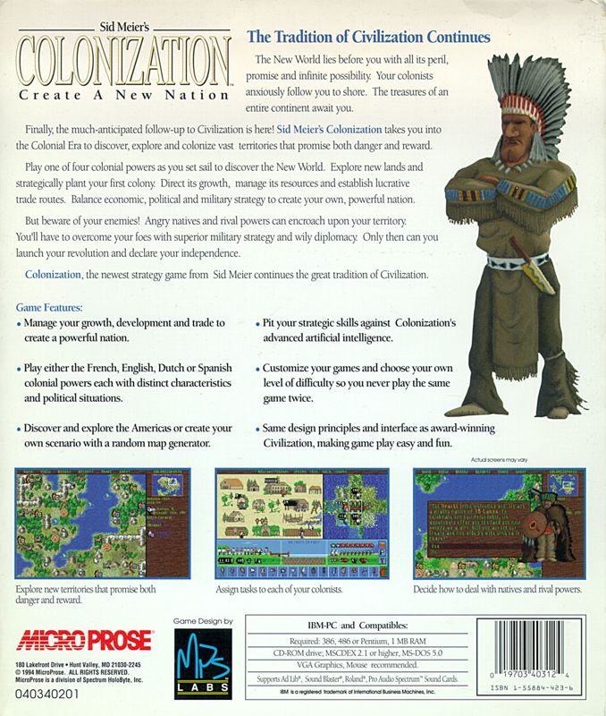 Back Cover for Sid Meier's Colonization (DOS)