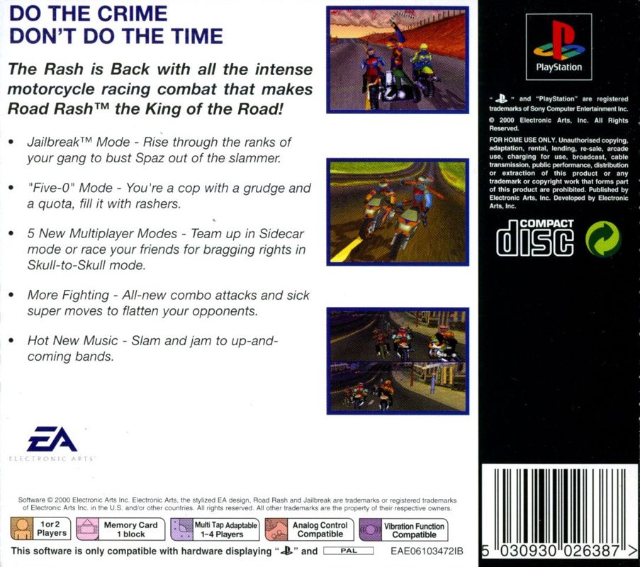 Back Cover for Road Rash: Jailbreak (PlayStation) (EA Classics release)