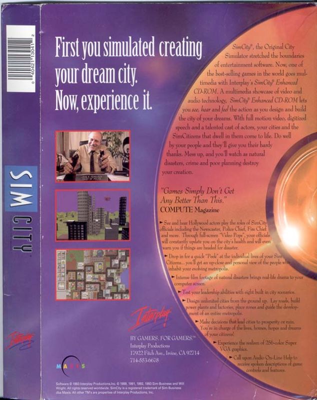 Back Cover for SimCity: Enhanced CD-ROM (DOS)