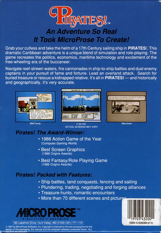 Back Cover for Sid Meier's Pirates! (PC Booter) (Later Awards release)