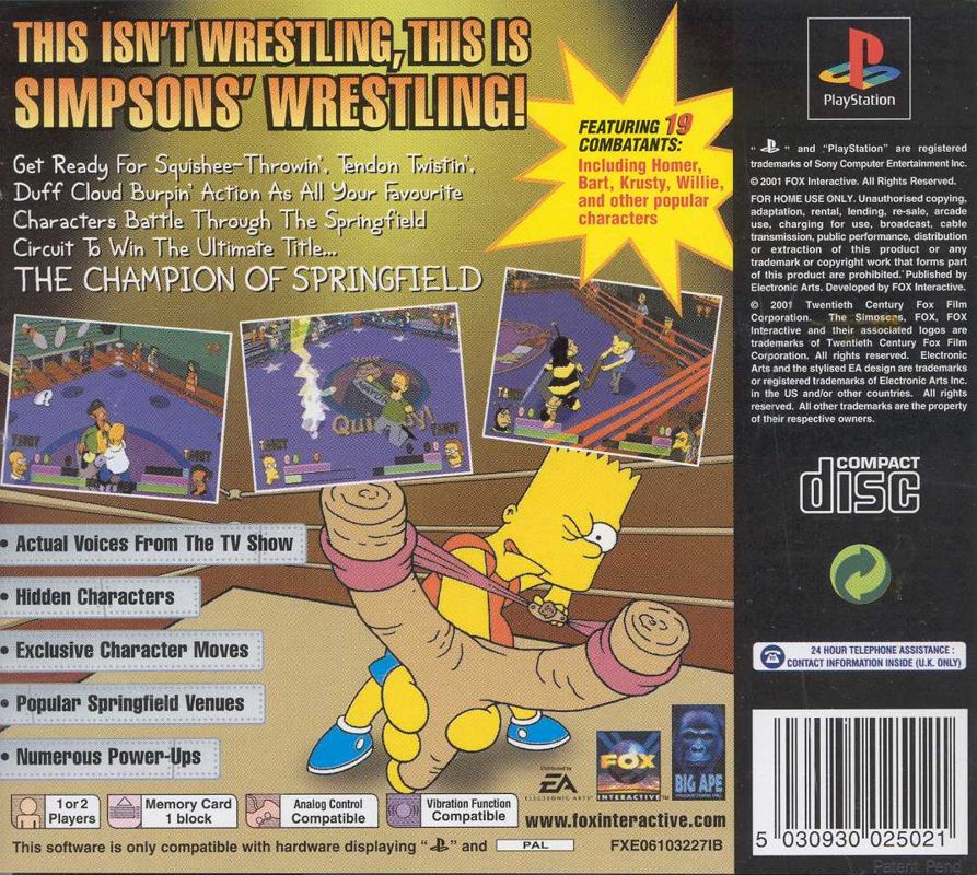 Back Cover for The Simpsons Wrestling (PlayStation)