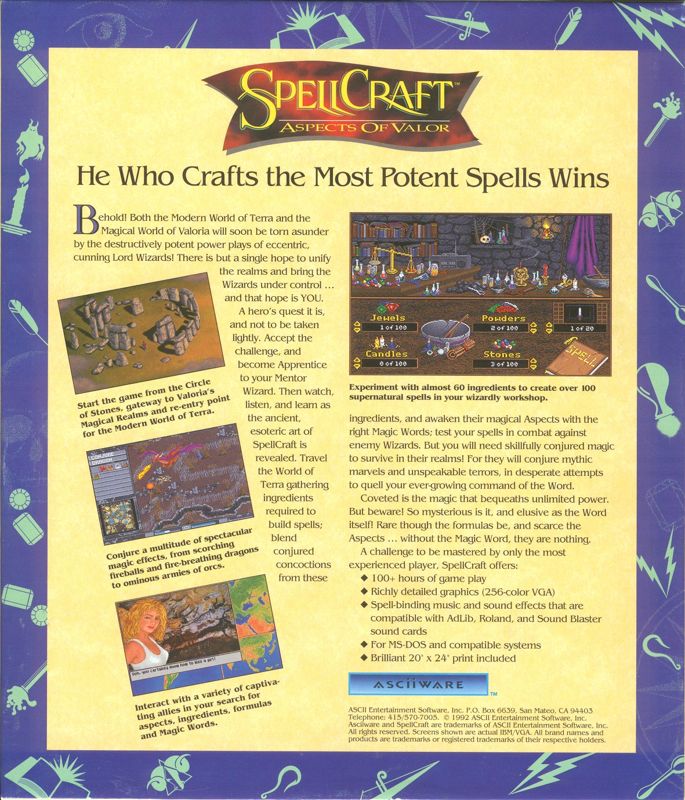 Back Cover for SpellCraft: Aspects of Valor (DOS)