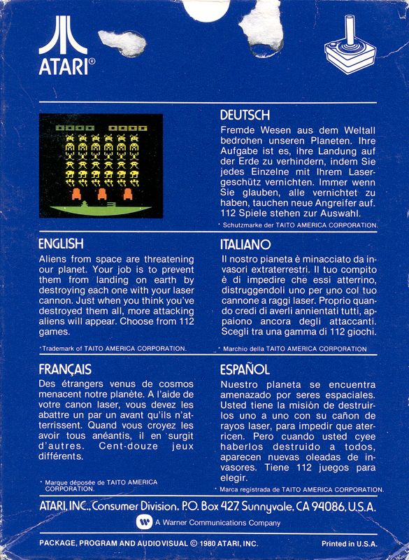 Back Cover for Space Invaders (Atari 2600)