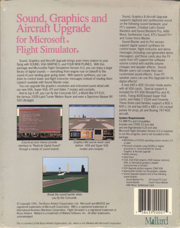 Back Cover for Sound, Graphics & Aircraft Upgrade for Microsoft Flight Simulator (DOS)