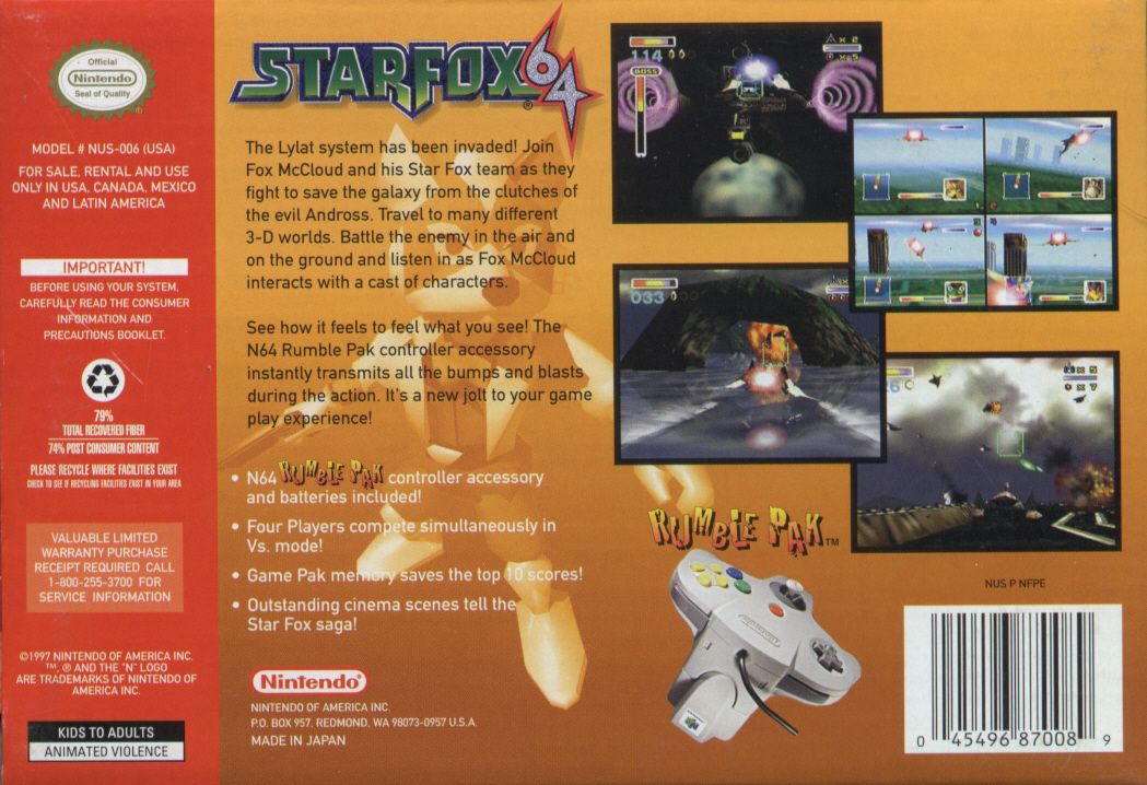 Back Cover for Star Fox 64 (Nintendo 64) (Rumble Pak Included)