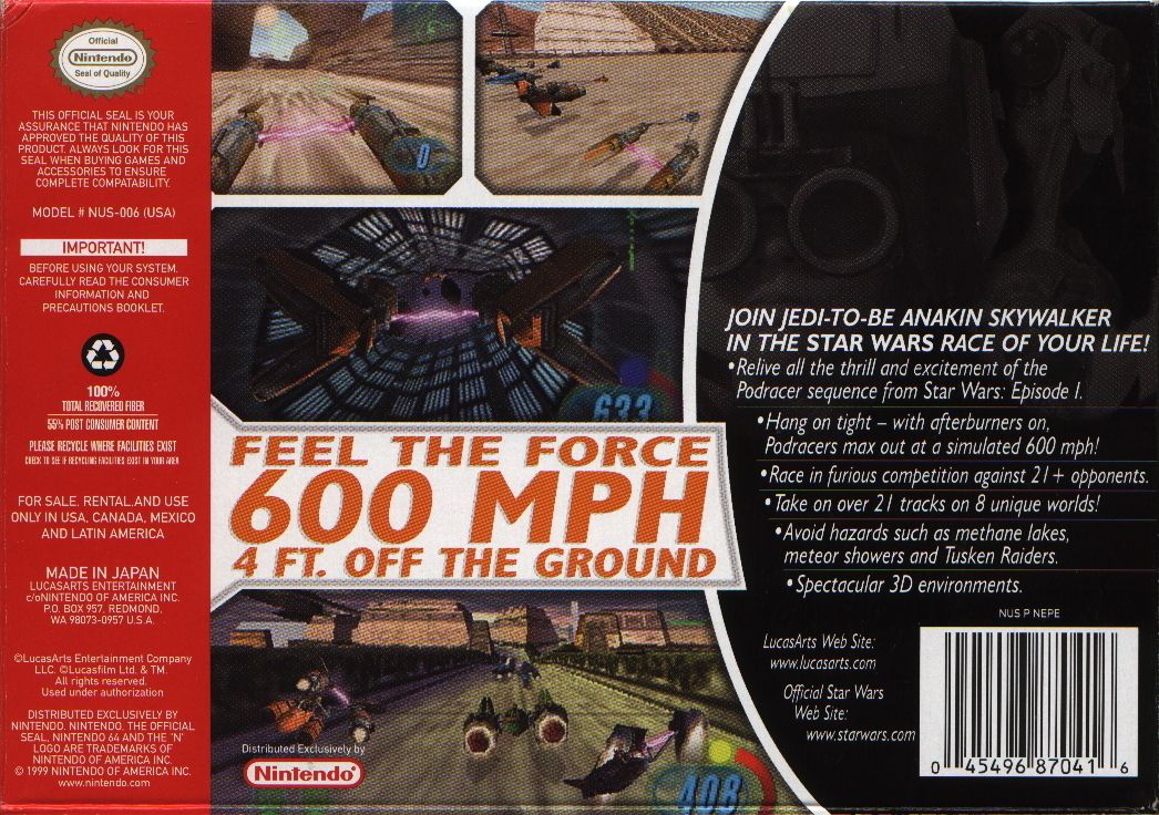 Back Cover for Star Wars: Episode I - Racer (Nintendo 64)