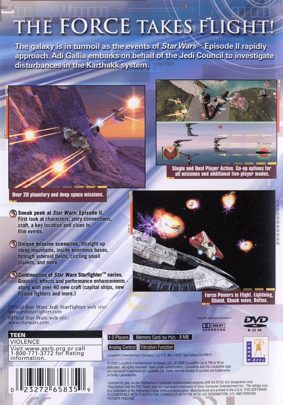 Back Cover for Star Wars: Jedi Starfighter (PlayStation 2)