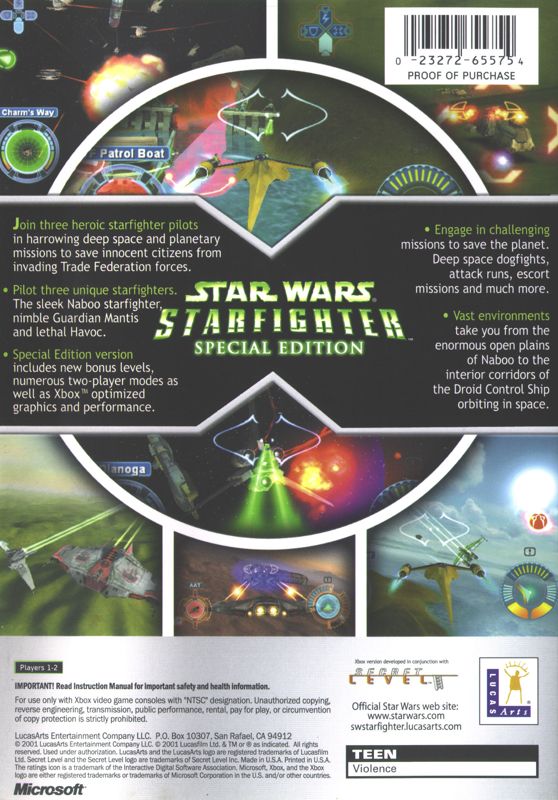 Back Cover for Star Wars: Starfighter (Xbox)