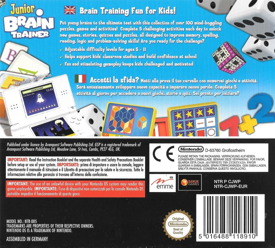 Back Cover for Junior Brain Trainer (Nintendo DS)